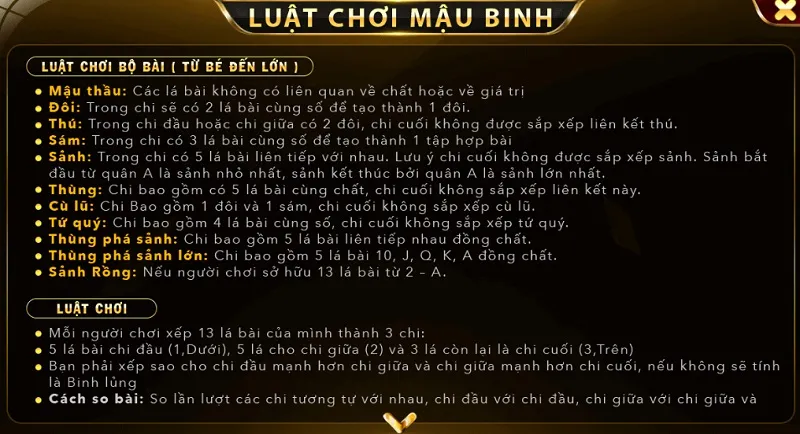 Luật chơi đơn giản cần nắm rõ khi chơi game bài Mậu Binh tại Go88