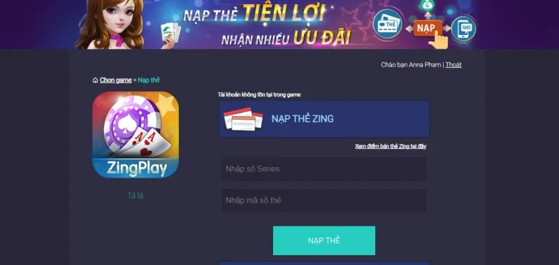 Nạp tiền Zing Play