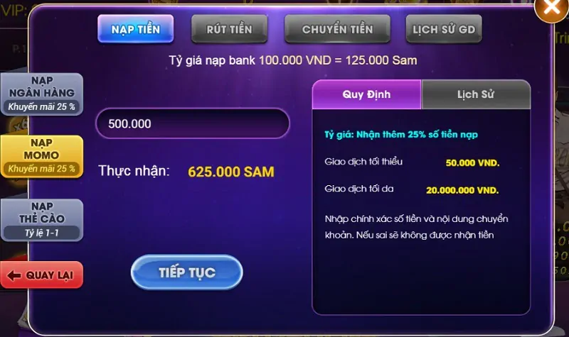Nạp tiền Sam86 Vip