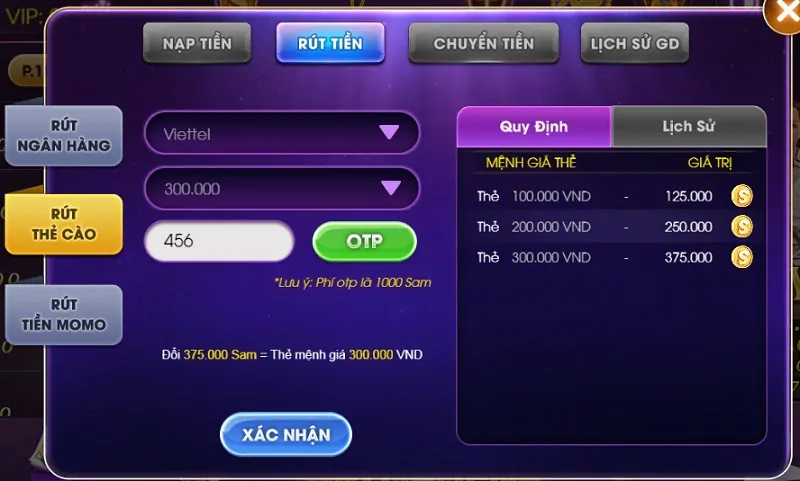 Rút tiền Sam86 Vip