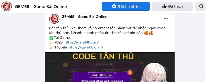 Tặng giftcode GEM68