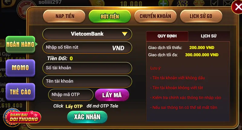 Rút tiền không mất phí tại cổng game đánh bài trực tuyến