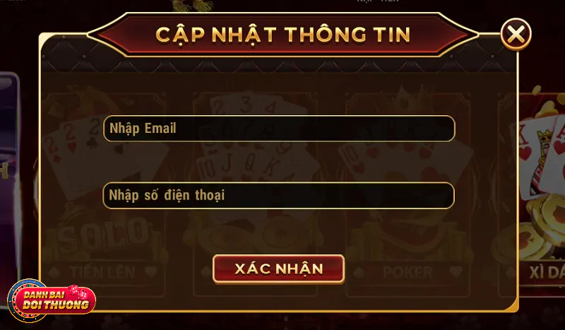 Biểu mẫu cập nhật thông tin cá nhân của người chơi tại cổng game bài