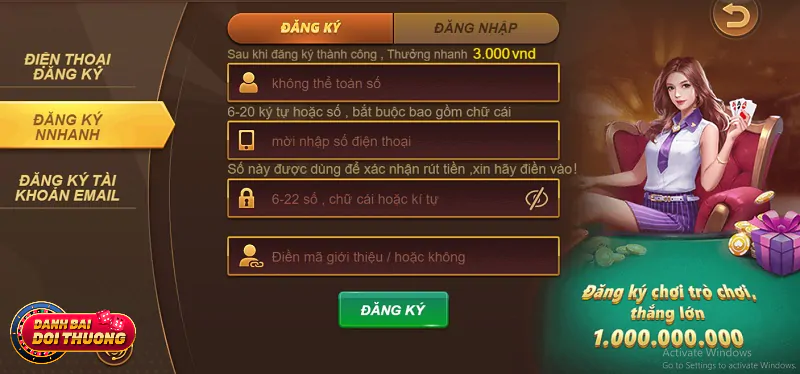 Biểu mẫu đăng ký tài khoản cá cược chính chủ tại cổng game bài