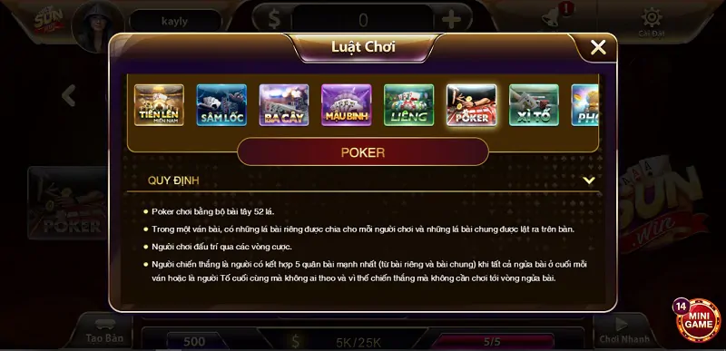 Luật chơi chi tiết của Poker Sunwin